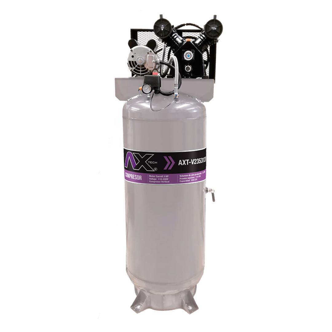 COMPRESOR VERTICAL 235Lts CABEZAL 2 PISTONES EN V MOTOR CARROLL 3HP, 110-220V, 1 AXT-V2353120